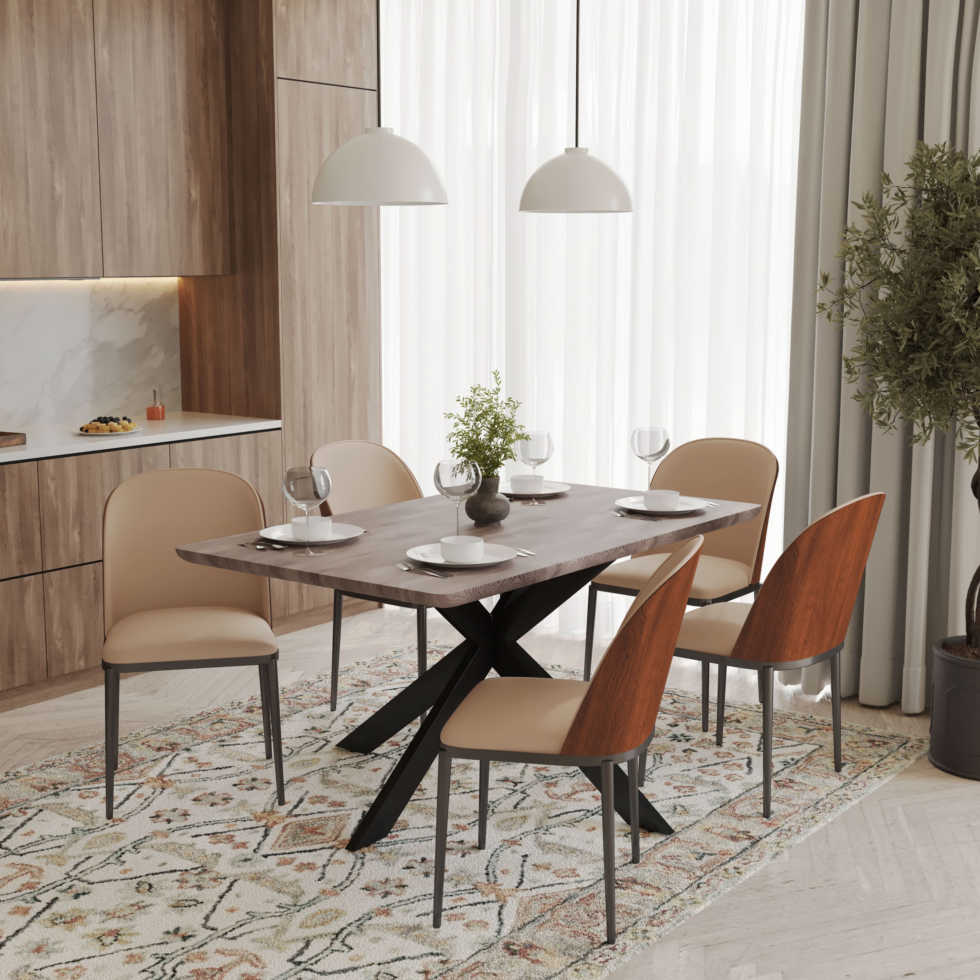 Ravenna 6-Piece Dining Set with 63" Rectangular Dining Table in Rustic Grey and 5 Leather Dining ChairsTransform your dining space with the Ravenna 6-Piece Dining Set. This gorgeous set features a 63" rectangular dining table in rustic grey and 5 stylish