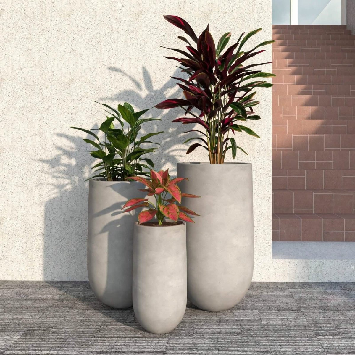 Topiary 3 - Piece Modern Fiberstone: Cylinder Planter Pot Set for Indoor and Oudoor