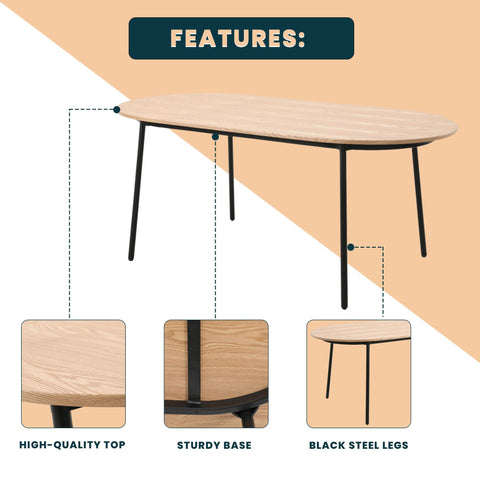 Tule Modern Oval Dining Table with MDF Tabletop and Black Steel Legs