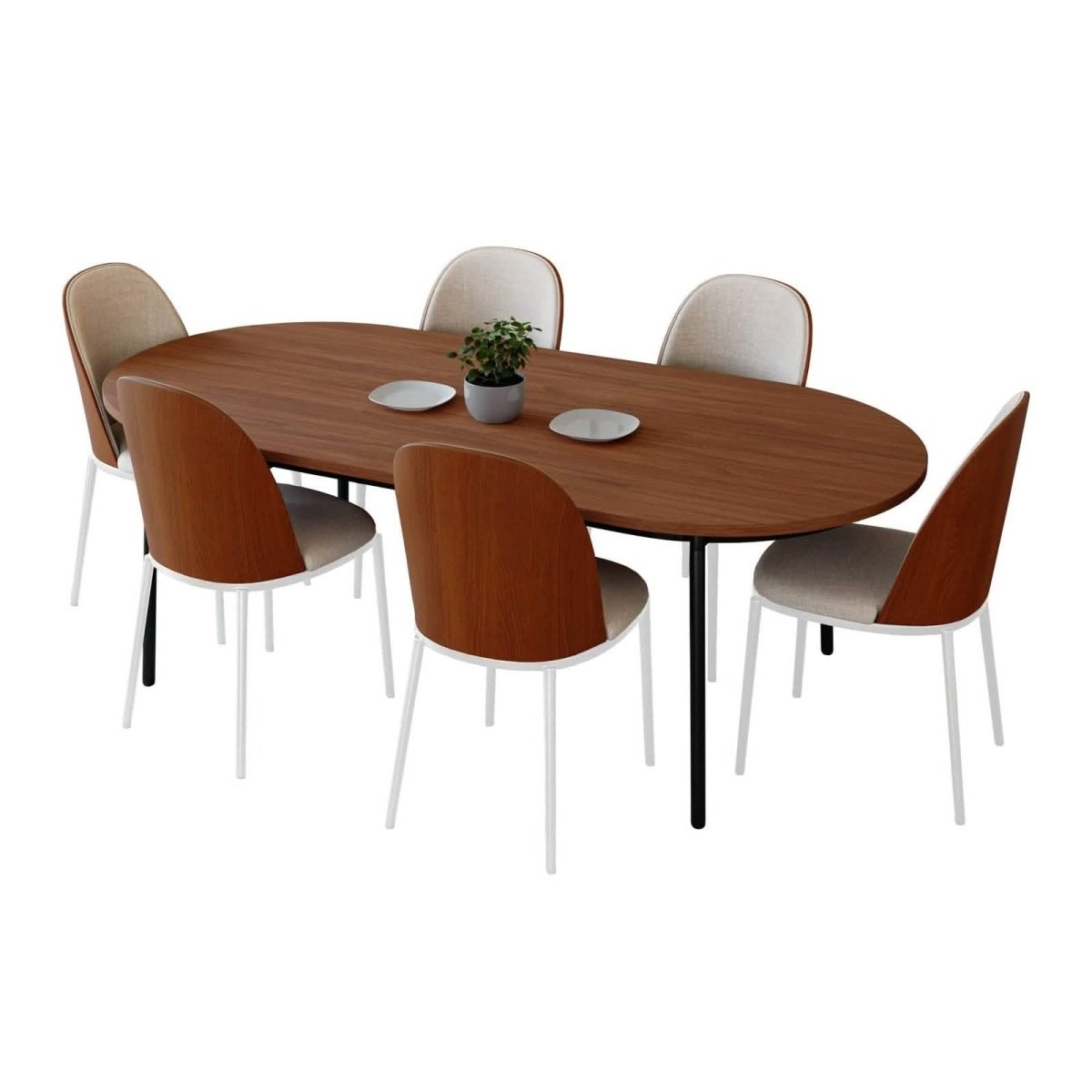 Tule 7 - Piece Dining Set with 6 Upholstered Seat Dining Chairs in White Steel Frame and 71" Oval Dining Table with MDF Tabletop