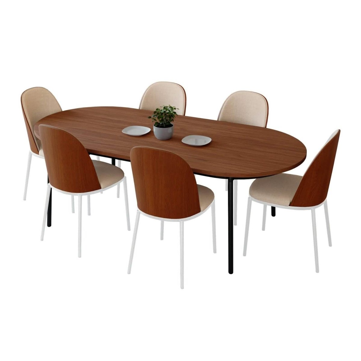 Tule 7 - Piece Dining Set with 6 Upholstered Seat Dining Chairs in White Steel Frame and 71" Oval Dining Table with MDF Tabletop