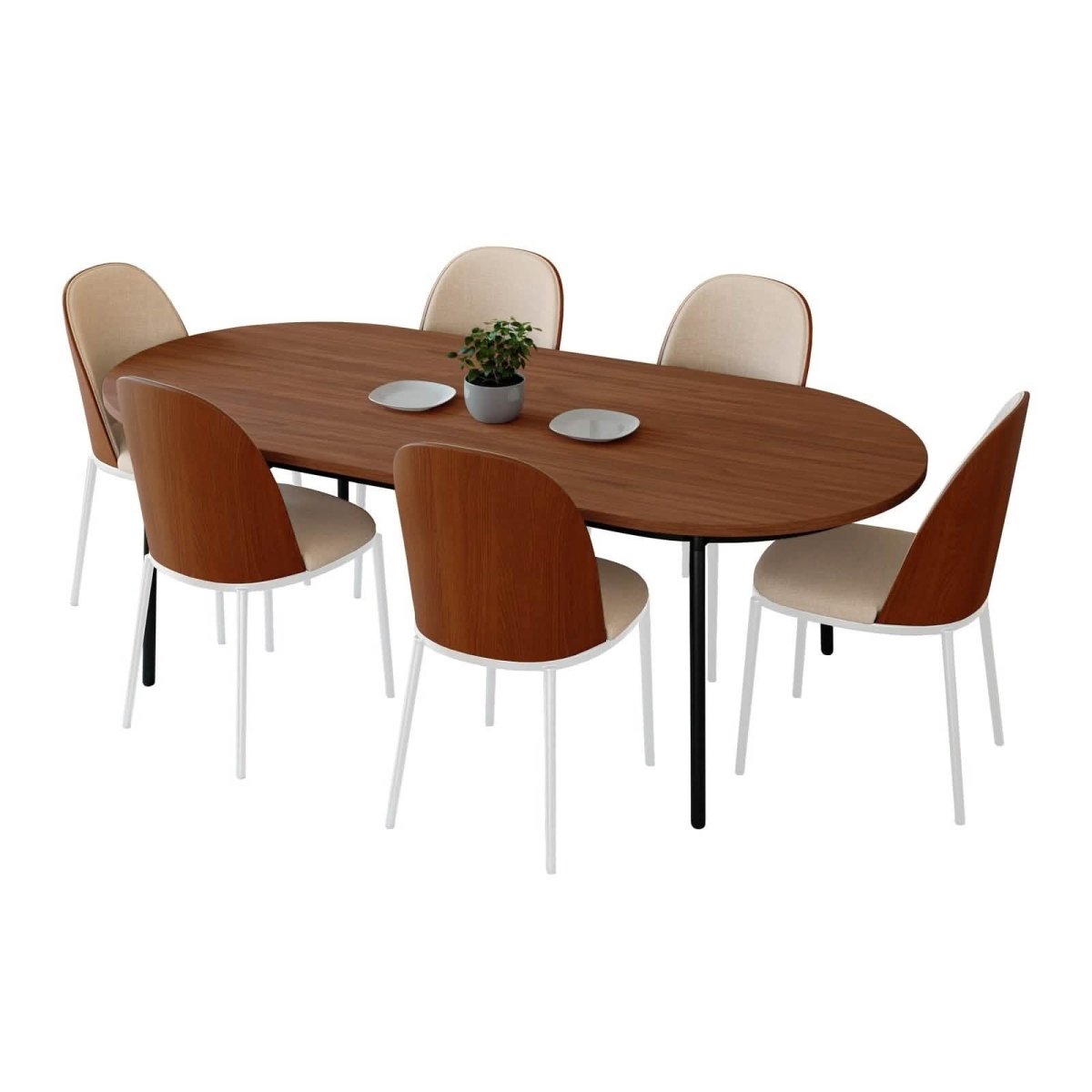 Tule 7 - Piece Dining Set with 6 Upholstered Seat Dining Chairs in White Steel Frame and 71" Oval Dining Table with MDF Tabletop