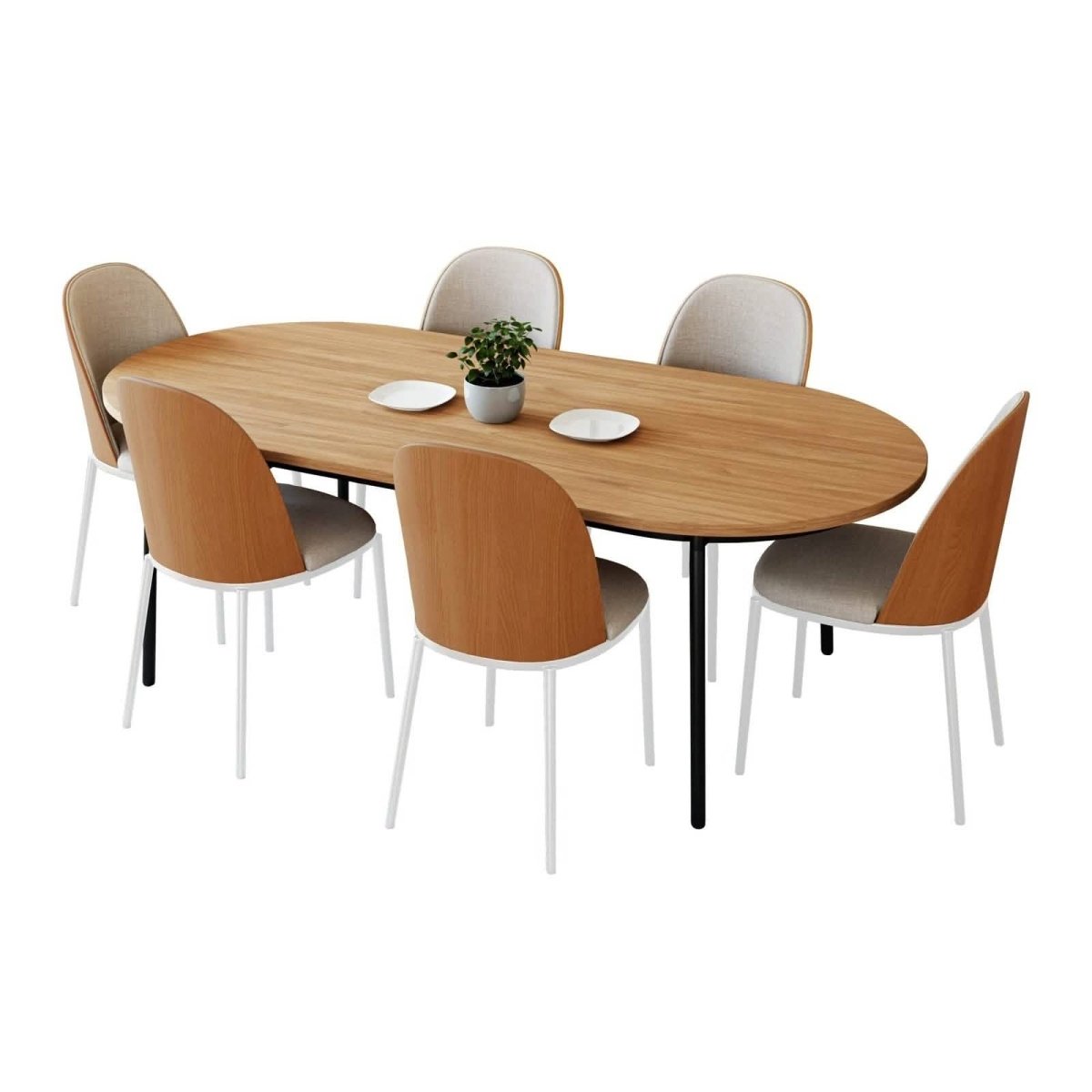 Tule 7 - Piece Dining Set with 6 Upholstered Seat Dining Chairs in White Steel Frame and 71" Oval Dining Table with MDF Tabletop