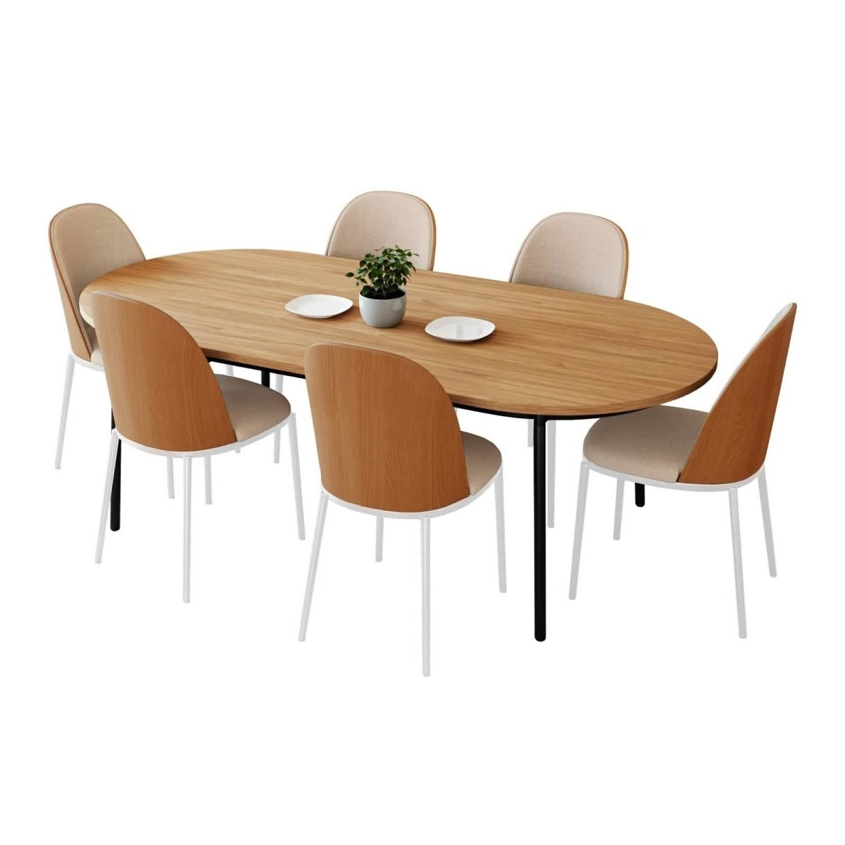 Tule 7 - Piece Dining Set with 6 Upholstered Seat Dining Chairs in White Steel Frame and 71" Oval Dining Table with MDF Tabletop