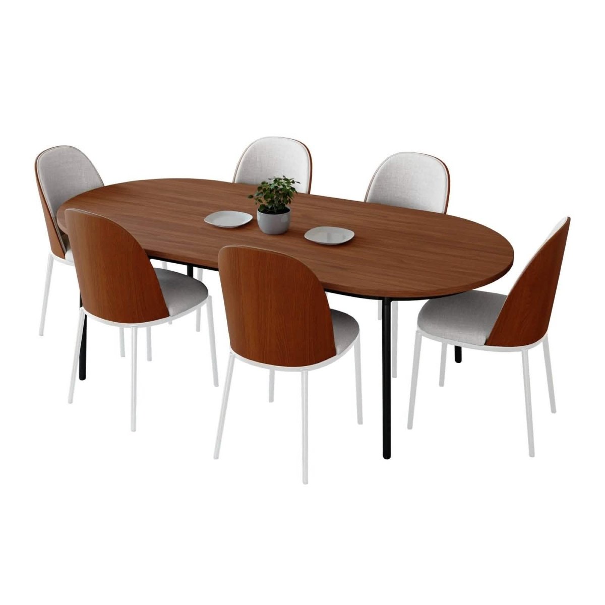 Tule 7 - Piece Dining Set with 6 Upholstered Seat Dining Chairs in White Steel Frame and 71" Oval Dining Table with MDF Tabletop
