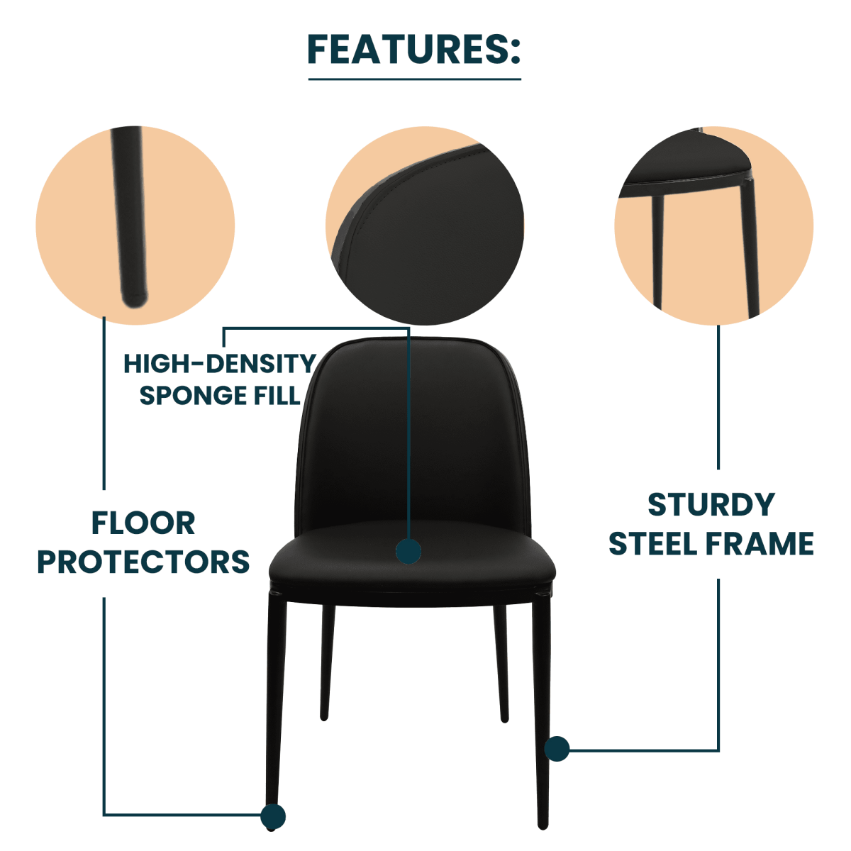Tule Dining Side Chair with Upholstered Seat and Powder - Coated Steel Frame Set of 2