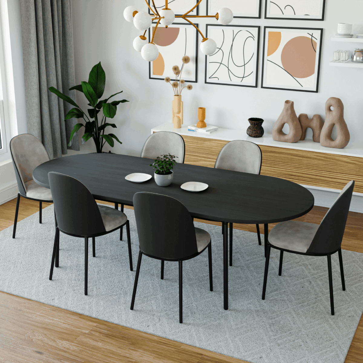 Tule Modern Oval Dining Table with MDF Tabletop and Black Steel Legs