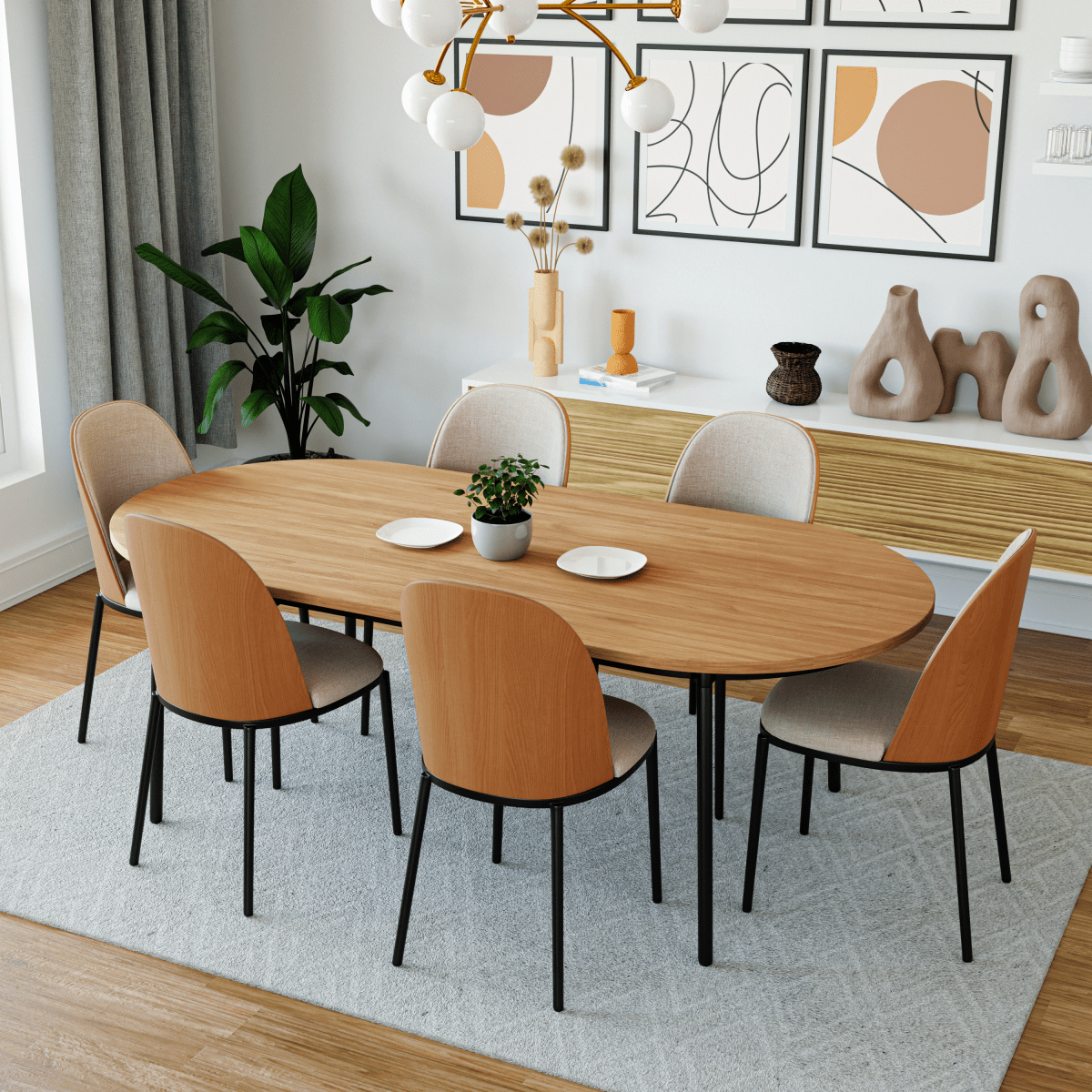 Tule Modern Oval Dining Table with MDF Tabletop and Black Steel Legs