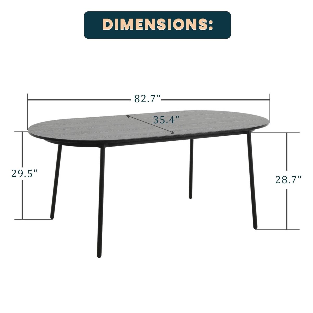 Tule Modern Oval Dining Table with MDF Tabletop and Black Steel Legs