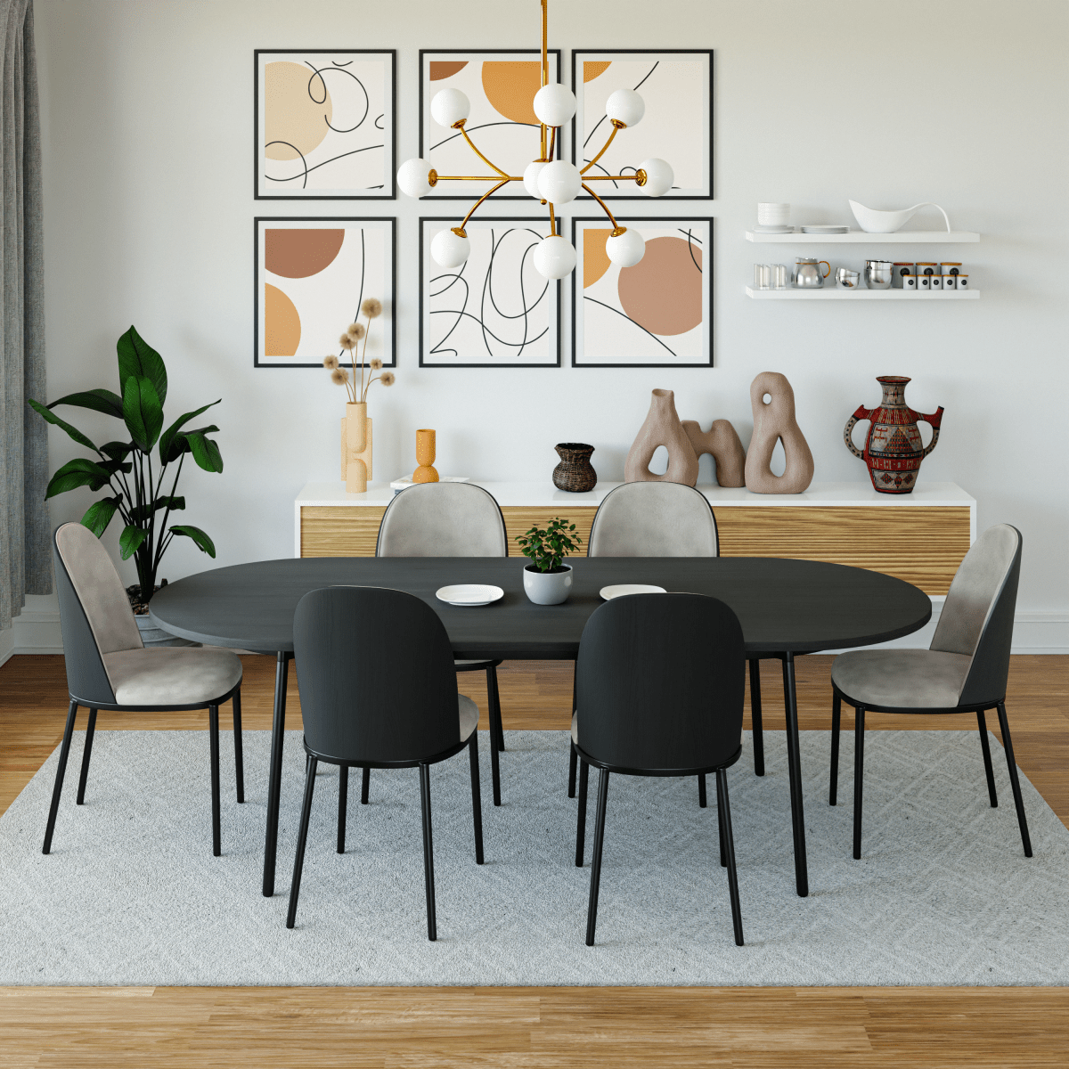 Tule Modern Oval Dining Table with MDF Tabletop and Black Steel Legs