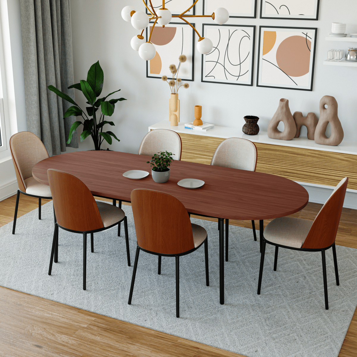 Tule Modern Oval Dining Table with MDF Tabletop and Black Steel Legs