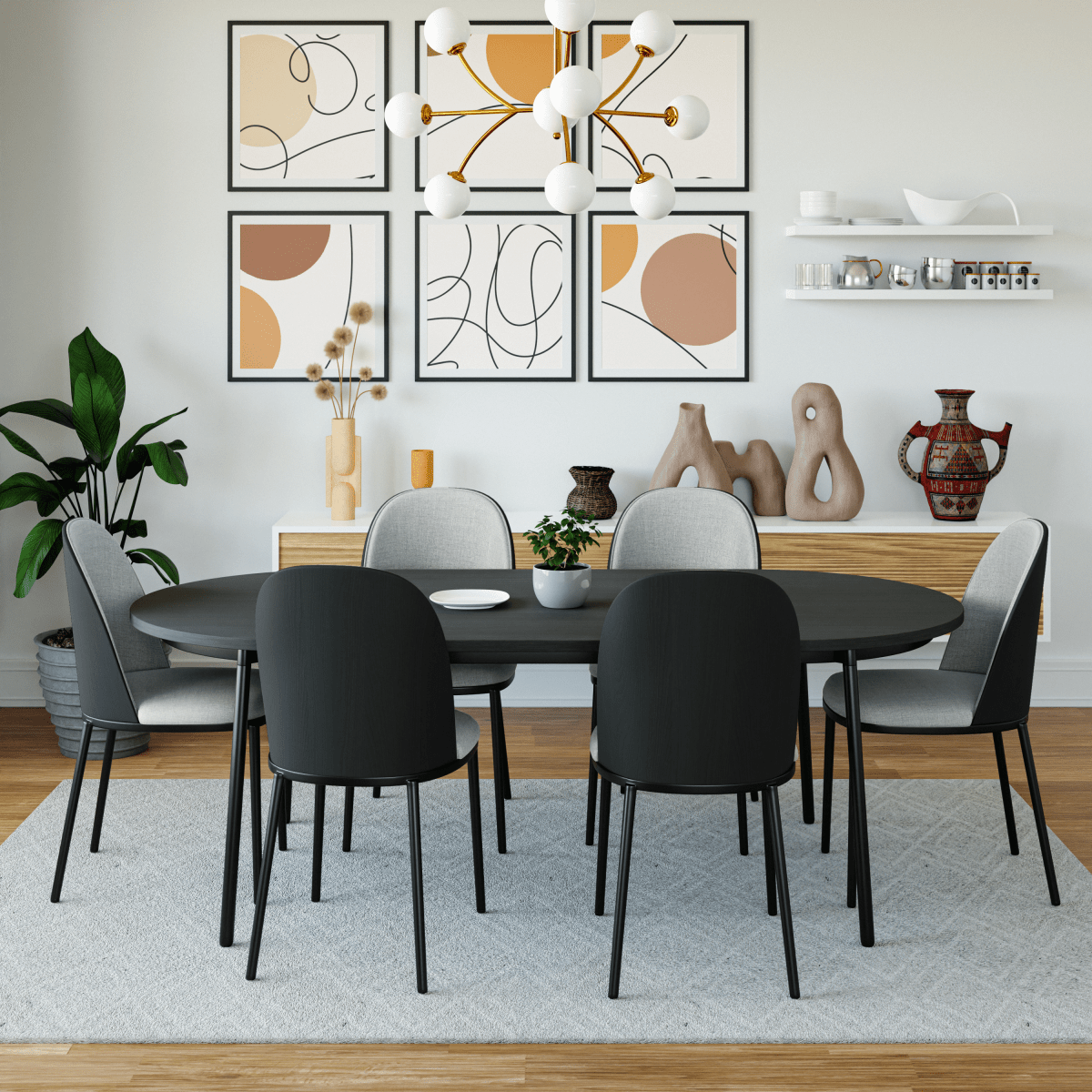 Tule Modern Oval Dining Table with MDF Tabletop and Black Steel Legs