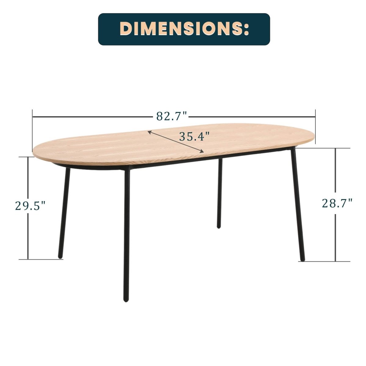 Tule Modern Oval Dining Table with MDF Tabletop and Black Steel Legs
