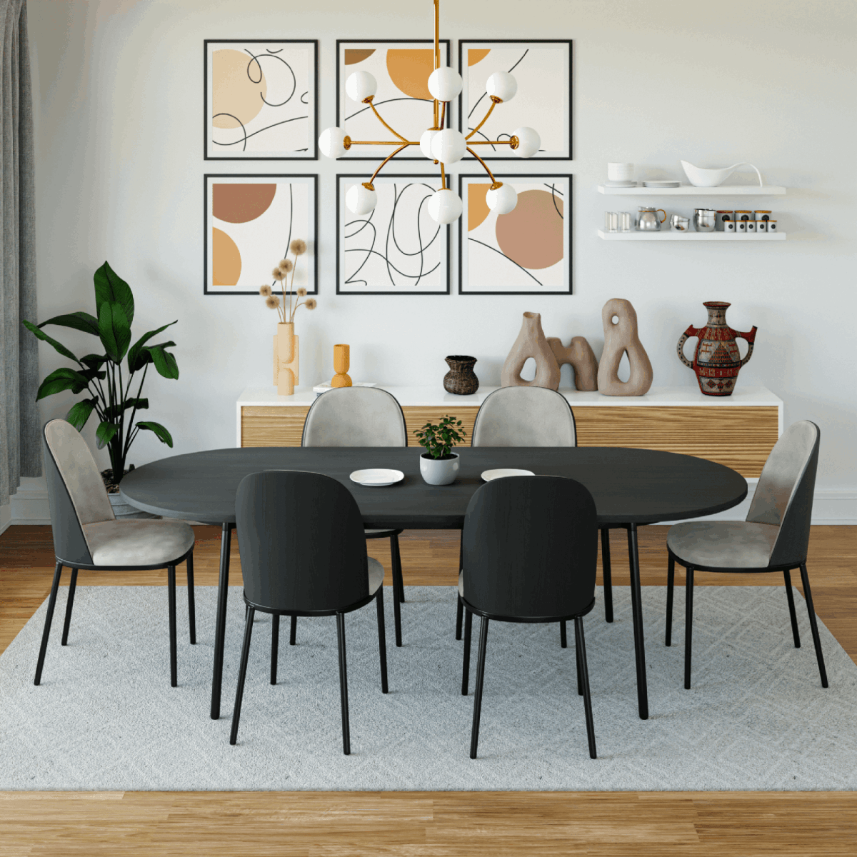 Tule Modern Oval Dining Table with MDF Tabletop and Black Steel Legs