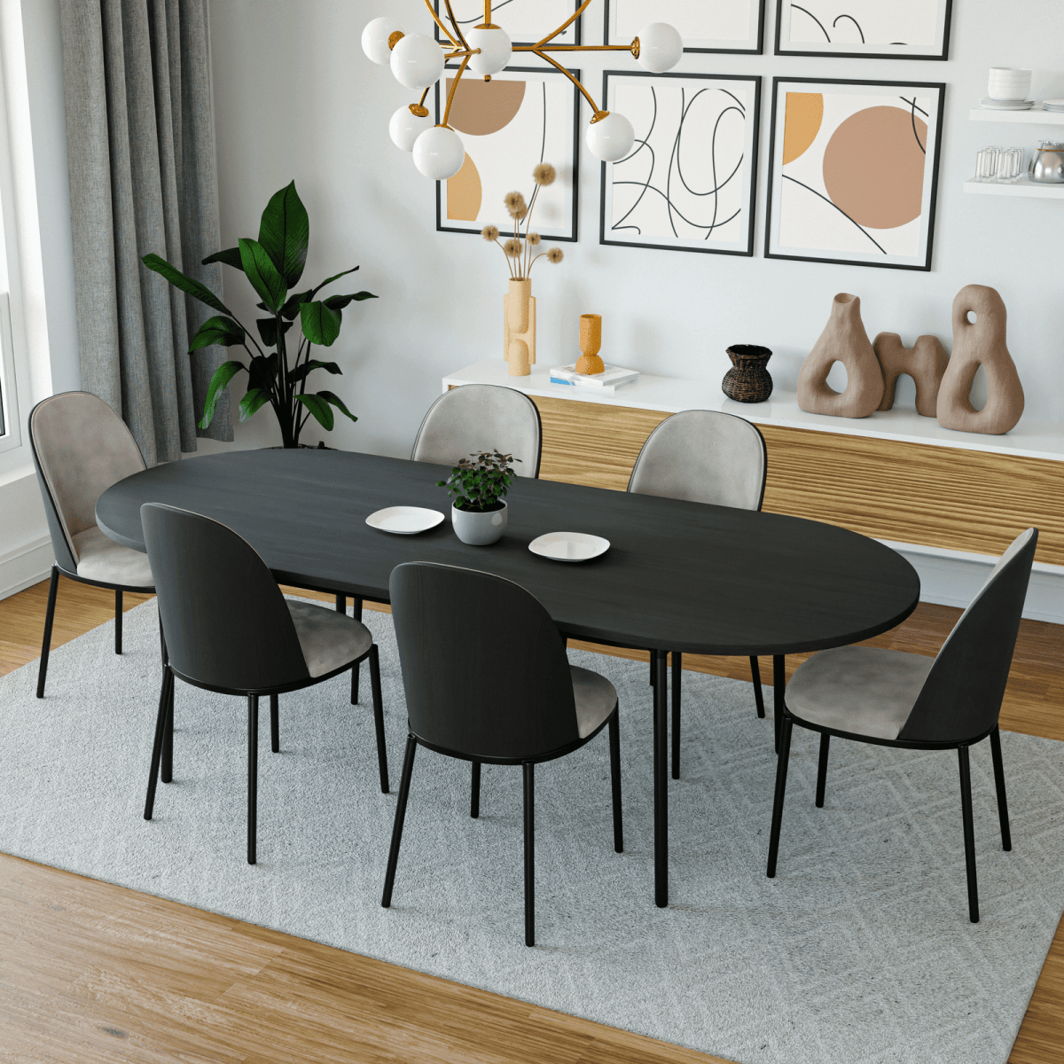 Tule Modern Oval Dining Table with MDF Tabletop and Black Steel Legs