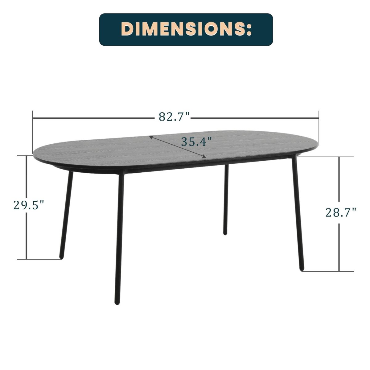 Tule Modern Oval Dining Table with MDF Tabletop and Black Steel Legs