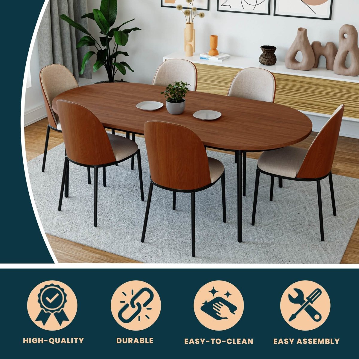 Tule Modern Oval Dining Table with MDF Tabletop and Black Steel Legs