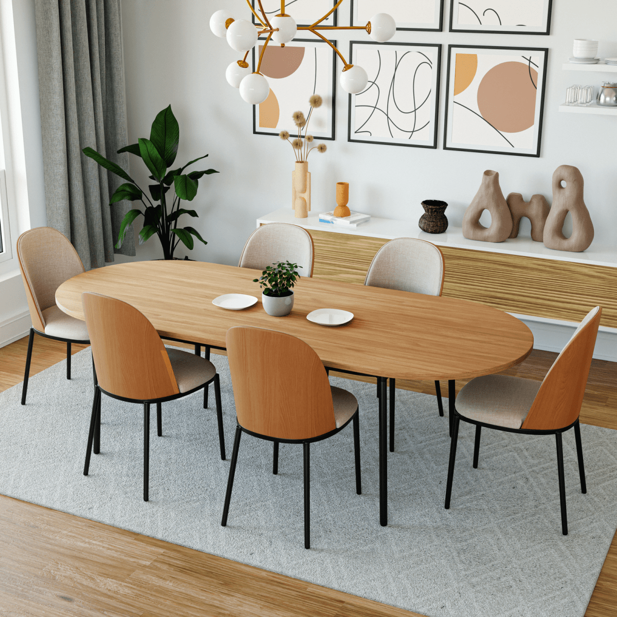 Tule Modern Oval Dining Table with MDF Tabletop and Black Steel Legs