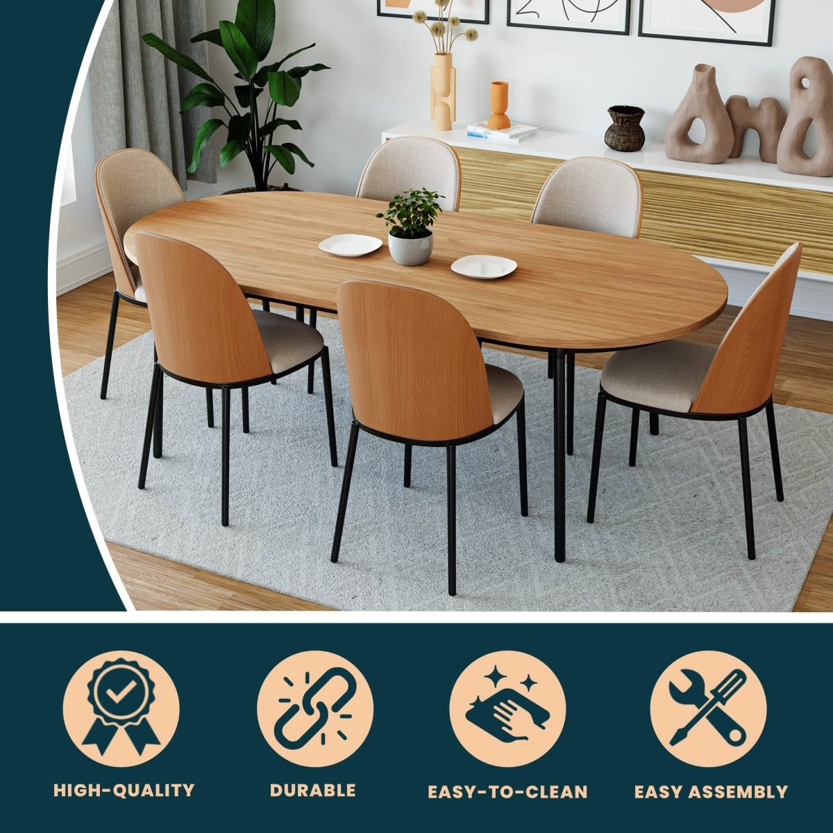 Tule Modern Oval Dining Table with MDF Tabletop and Black Steel Legs