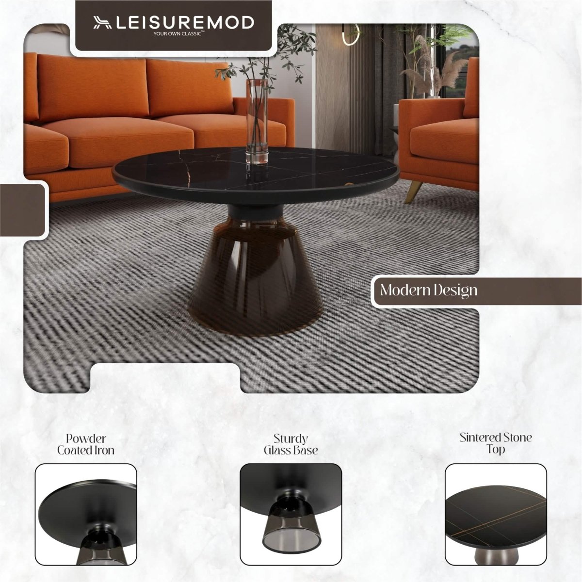 Tully 30 - Inch Round Glass/Stone Coffee Table with Iron Rim Frame and Glass Base