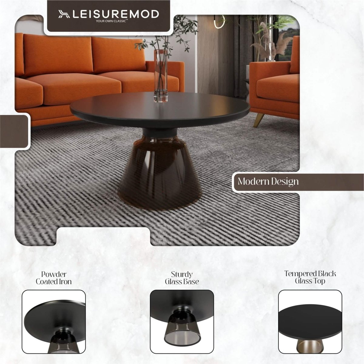 Tully 30 - Inch Round Glass/Stone Coffee Table with Iron Rim Frame and Glass Base