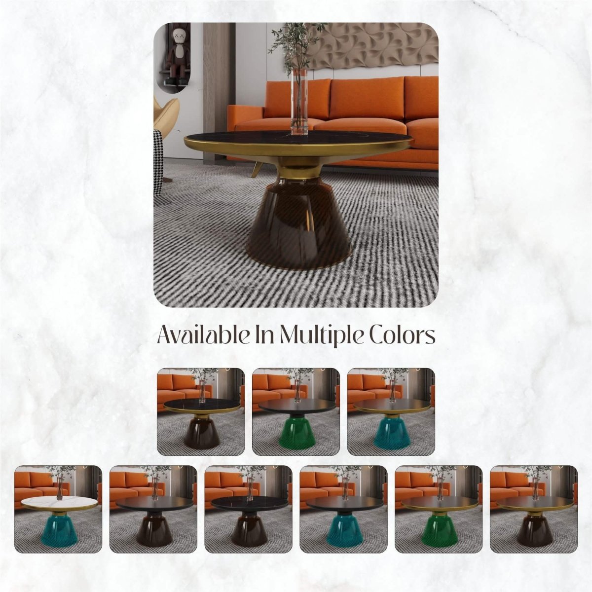 Tully 30 - Inch Round Glass/Stone Coffee Table with Iron Rim Frame and Glass Base