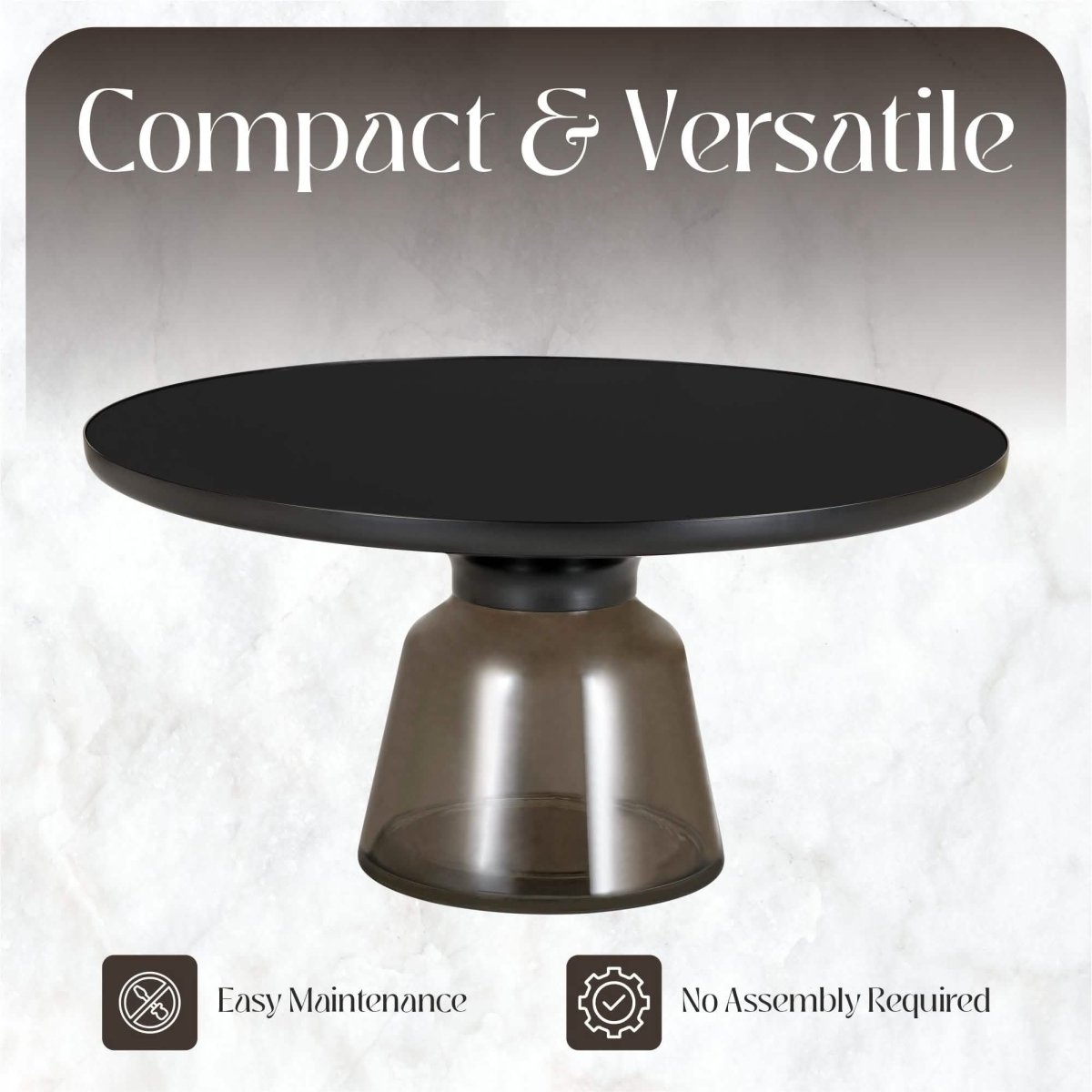 Tully 30 - Inch Round Glass/Stone Coffee Table with Iron Rim Frame and Glass Base