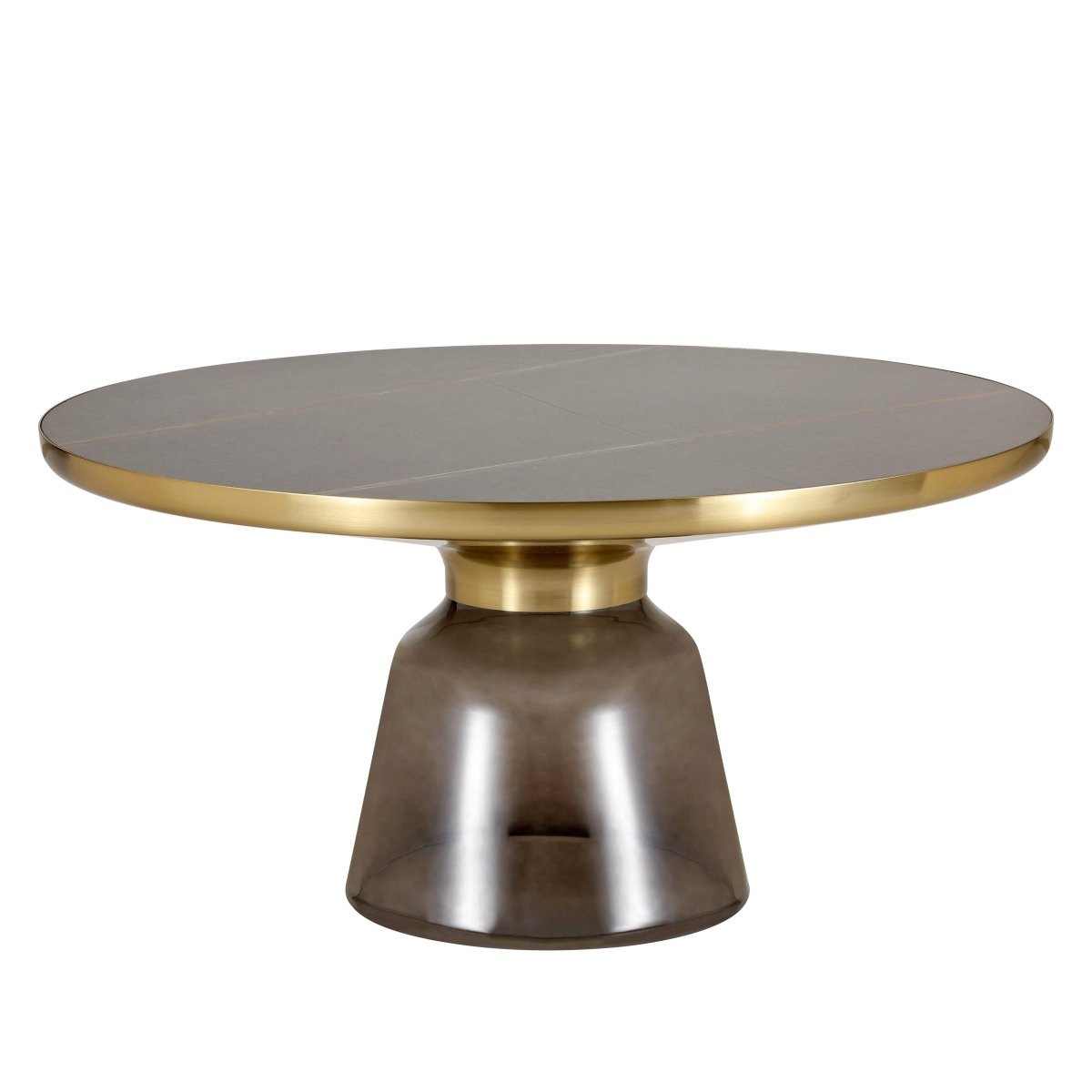Tully 30 - Inch Round Glass/Stone Coffee Table with Iron Rim Frame and Glass Base