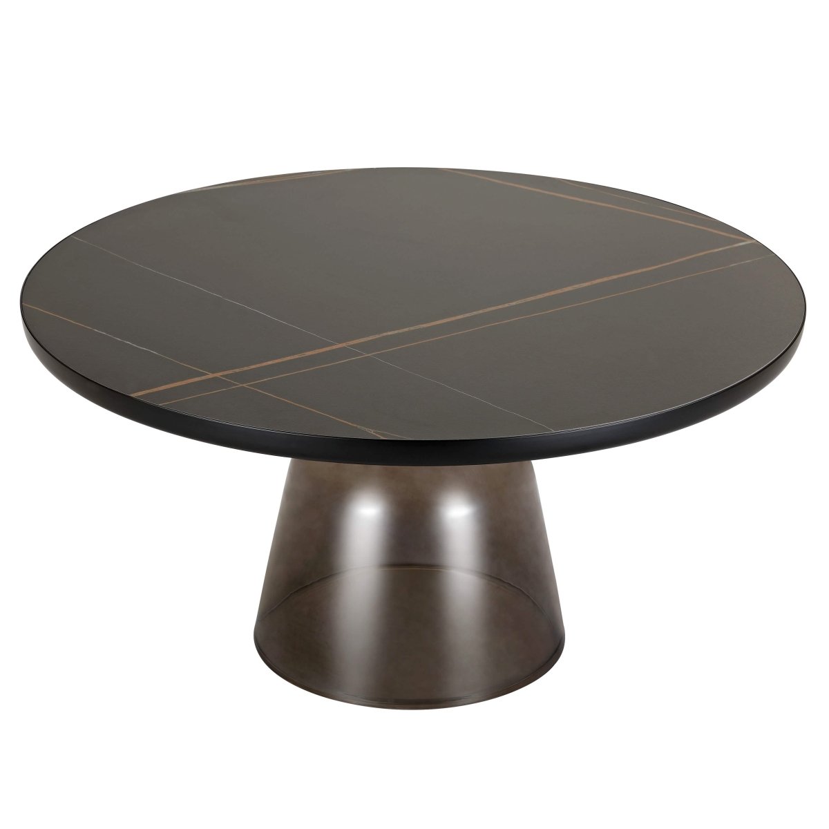 Tully 30 - Inch Round Glass/Stone Coffee Table with Iron Rim Frame and Glass Base