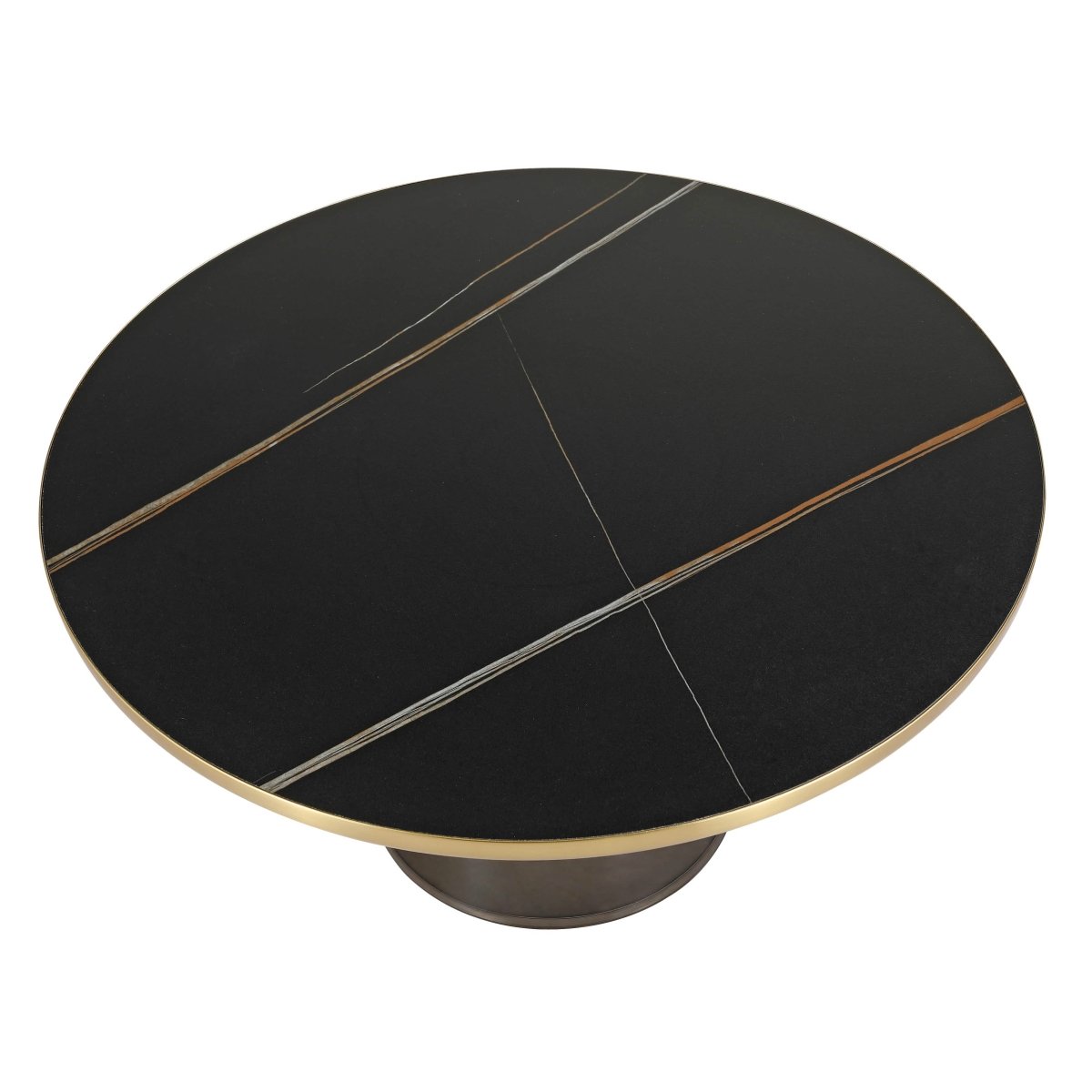 Tully 30 - Inch Round Glass/Stone Coffee Table with Iron Rim Frame and Glass Base