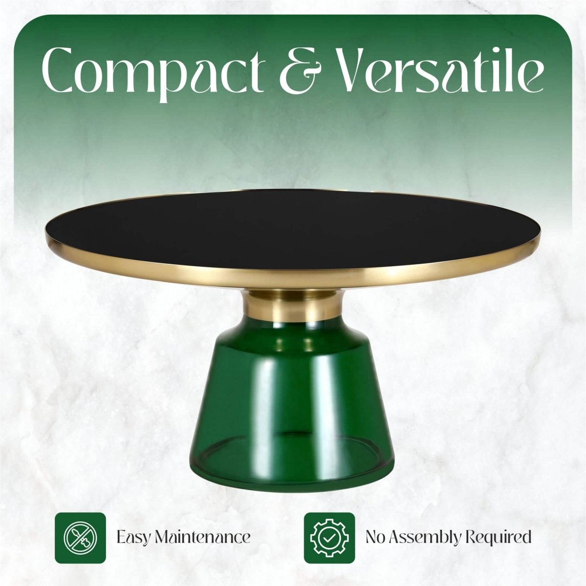 Tully 30 - Inch Round Glass/Stone Coffee Table with Iron Rim Frame and Glass Base