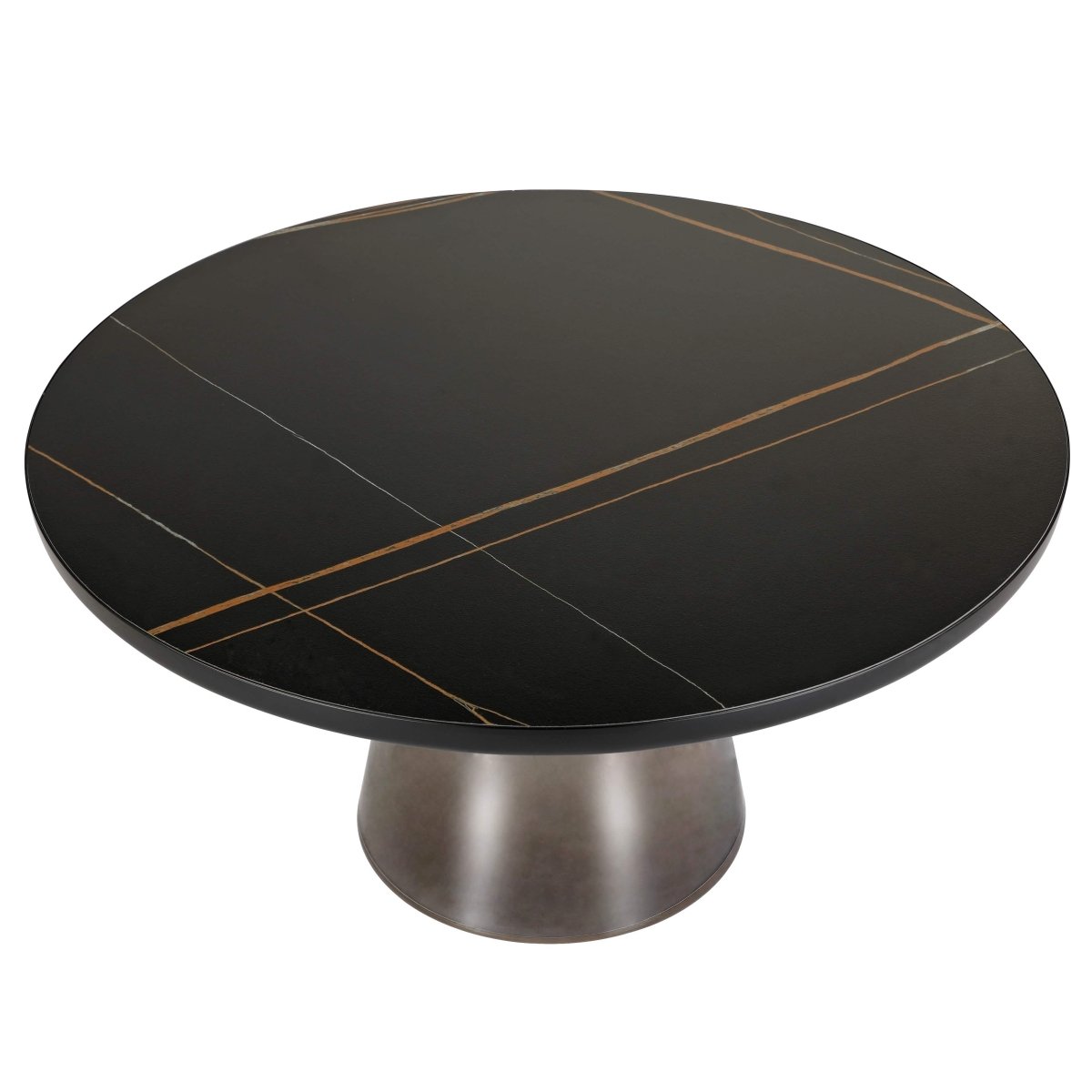 Tully 30 - Inch Round Glass/Stone Coffee Table with Iron Rim Frame and Glass Base