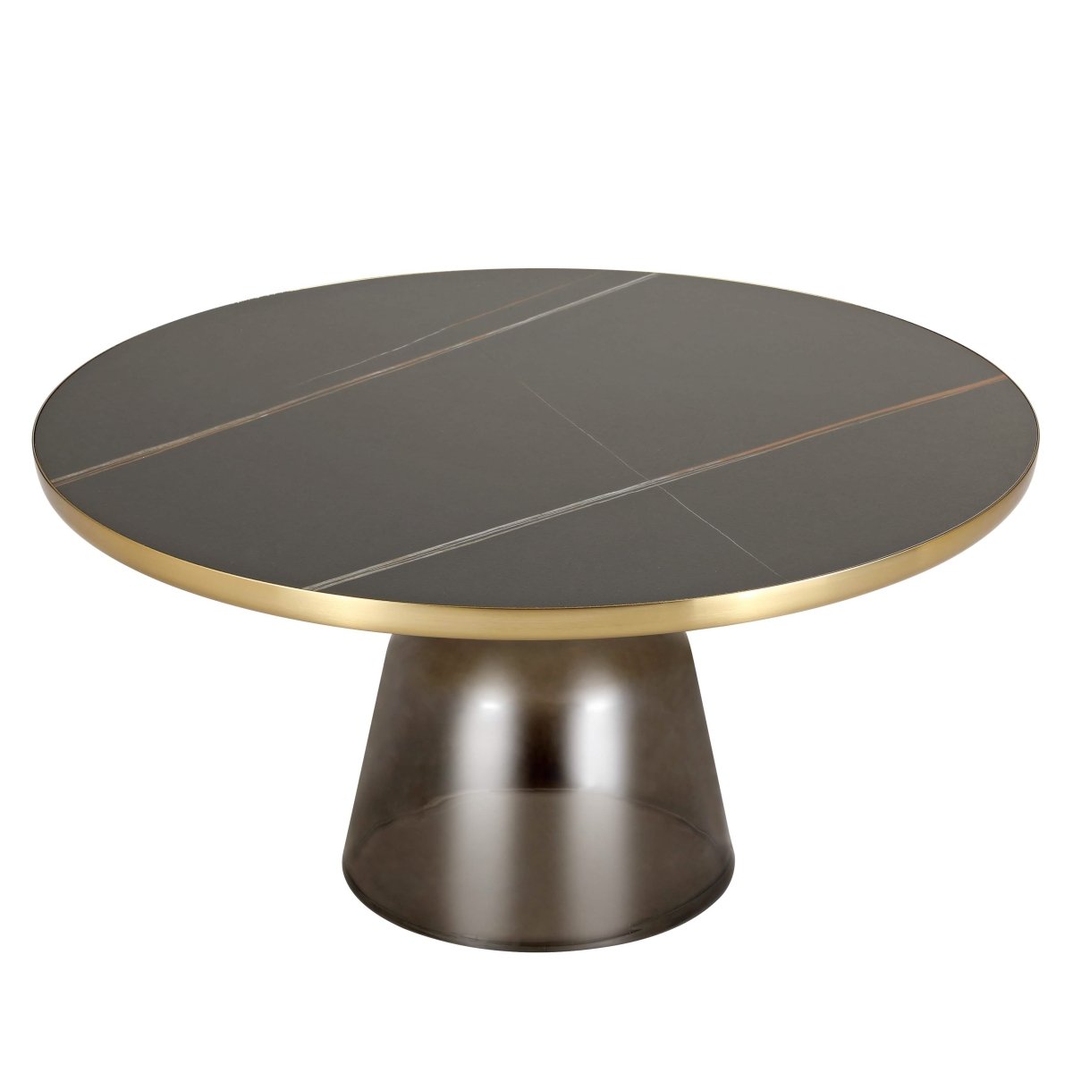 Tully 30 - Inch Round Glass/Stone Coffee Table with Iron Rim Frame and Glass Base