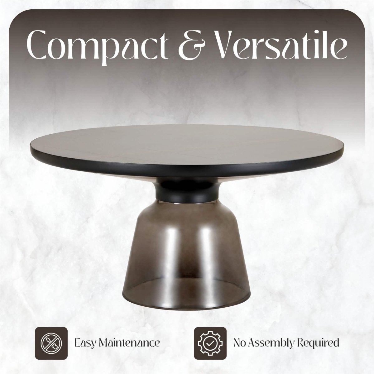 Tully 30 - Inch Round Glass/Stone Coffee Table with Iron Rim Frame and Glass Base