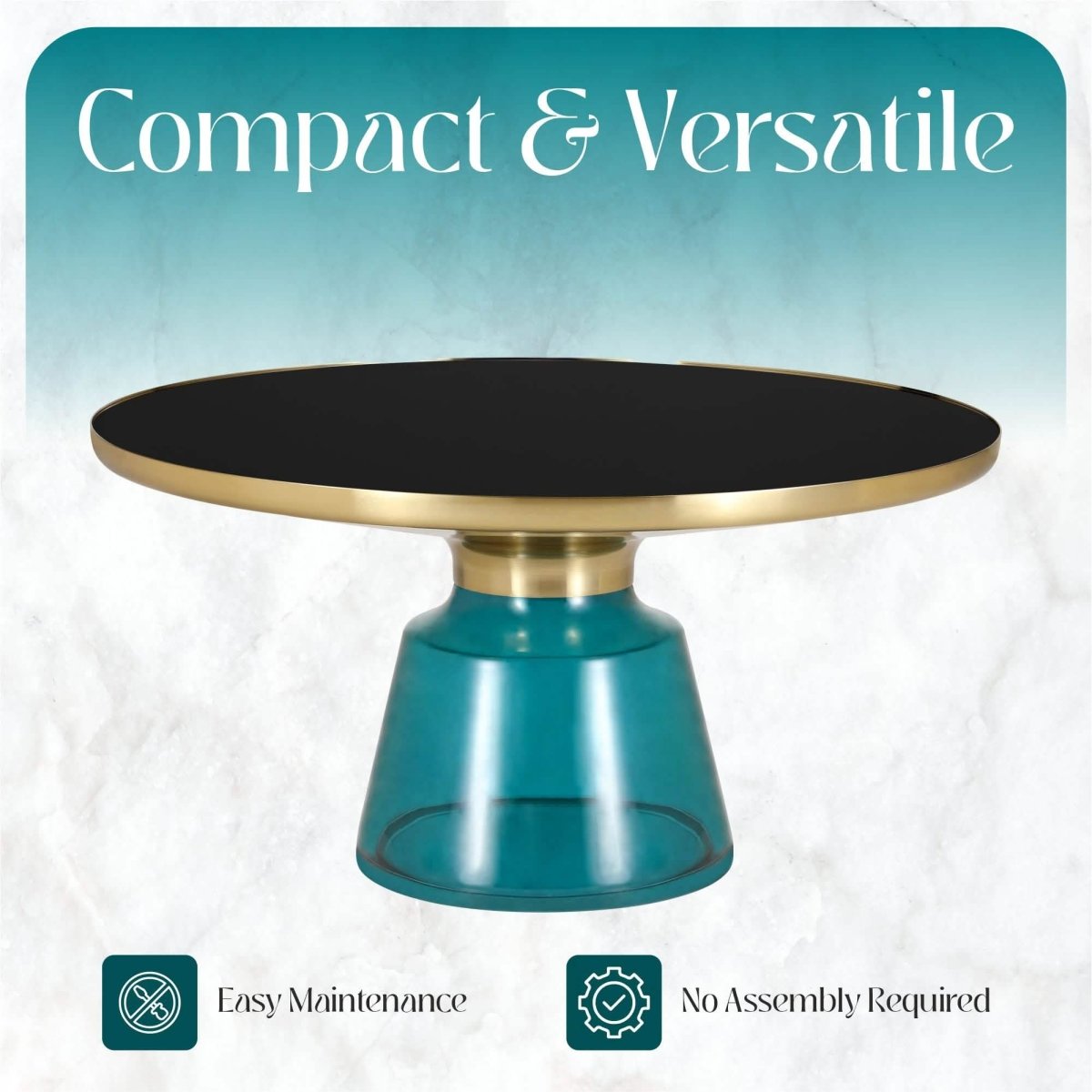 Tully 30 - Inch Round Glass/Stone Coffee Table with Iron Rim Frame and Glass Base