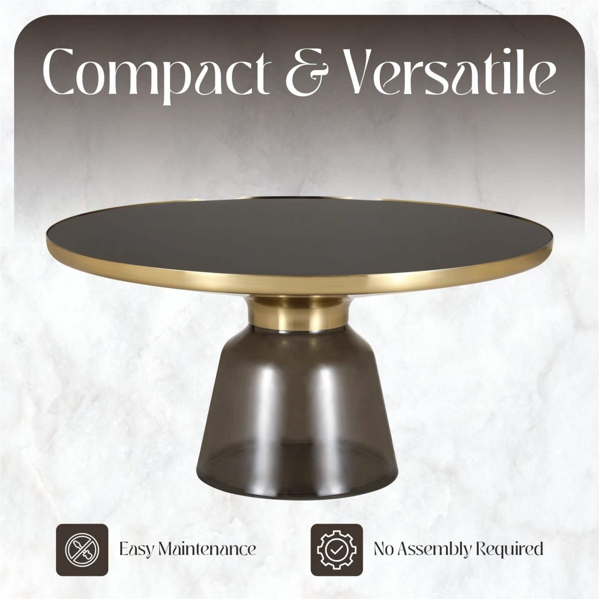 Tully 30 - Inch Round Glass/Stone Coffee Table with Iron Rim Frame and Glass Base