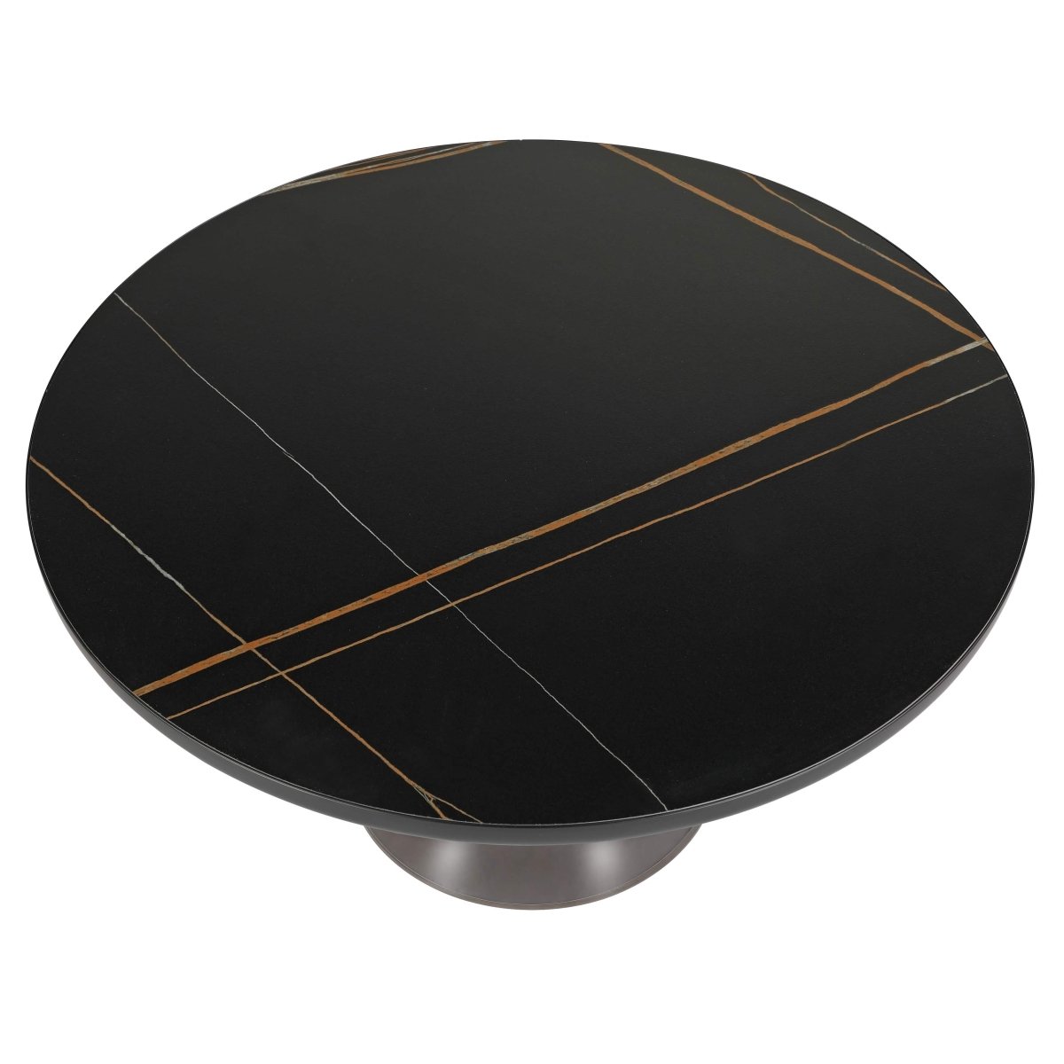 Tully 30 - Inch Round Glass/Stone Coffee Table with Iron Rim Frame and Glass Base