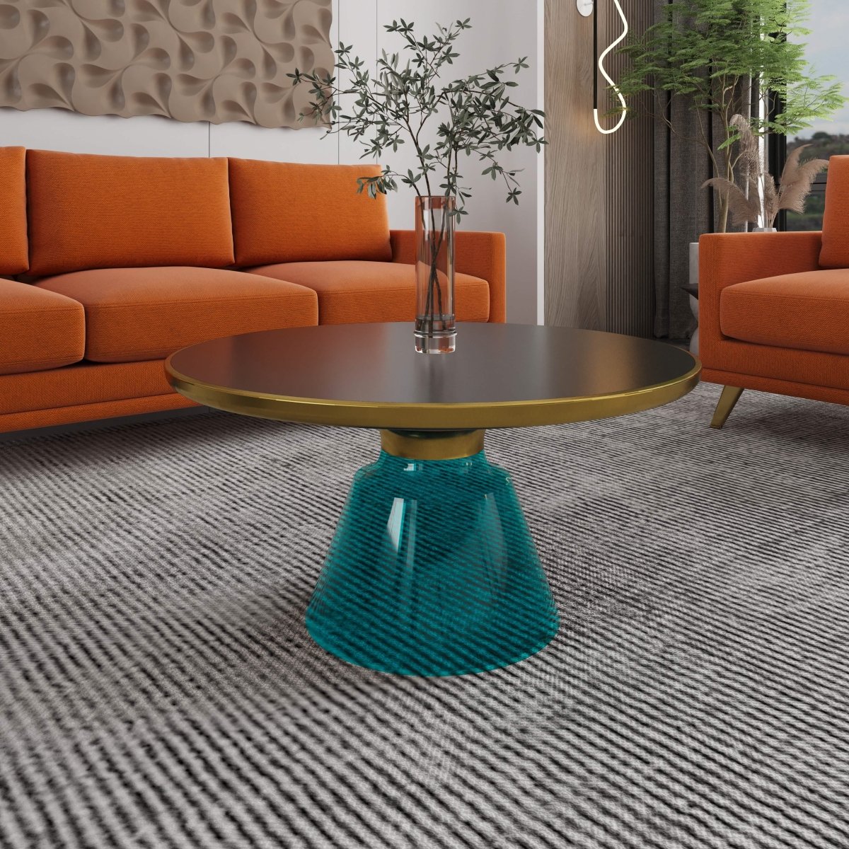 Tully 30 - Inch Round Glass/Stone Coffee Table with Iron Rim Frame and Glass Base