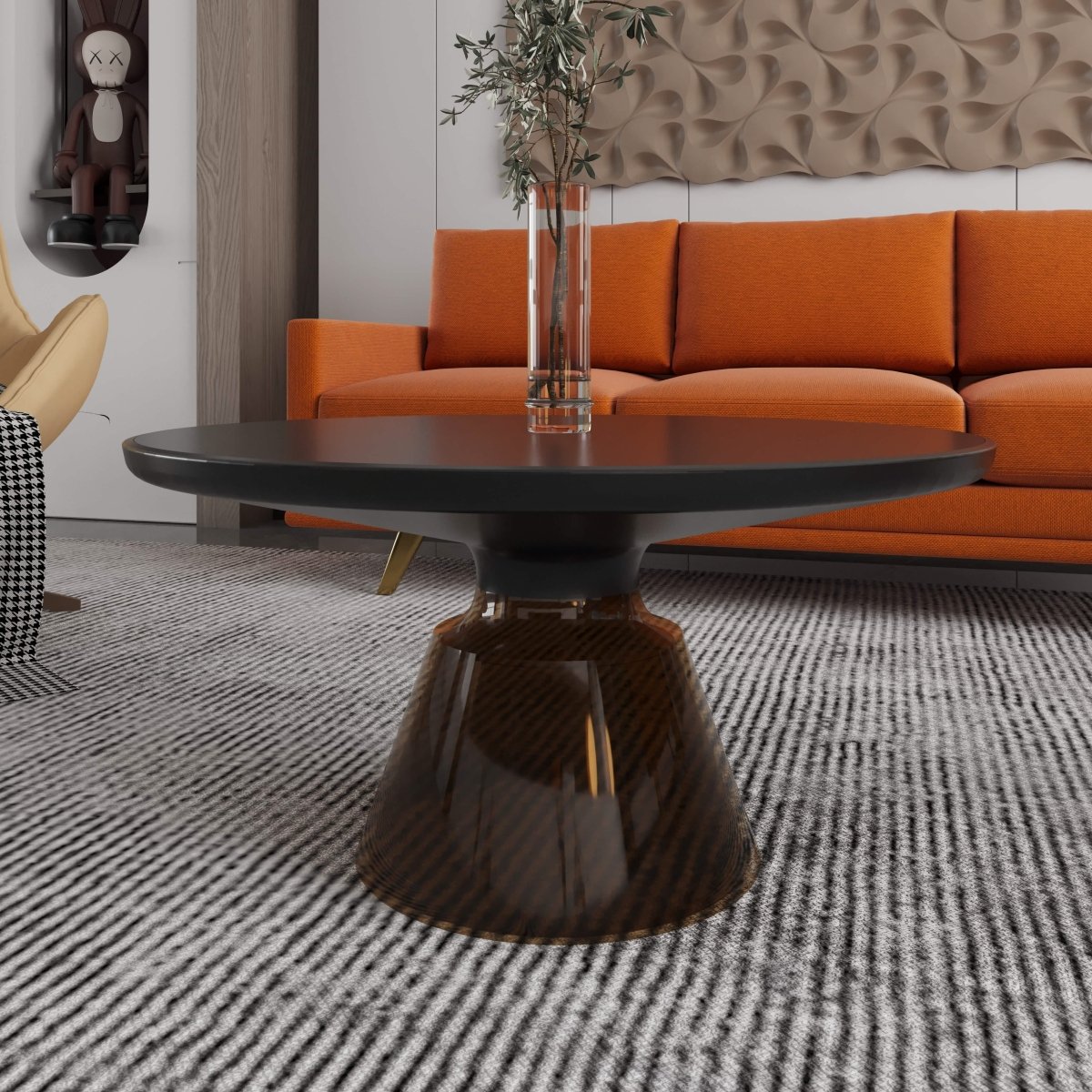 Tully 30 - Inch Round Glass/Stone Coffee Table with Iron Rim Frame and Glass Base
