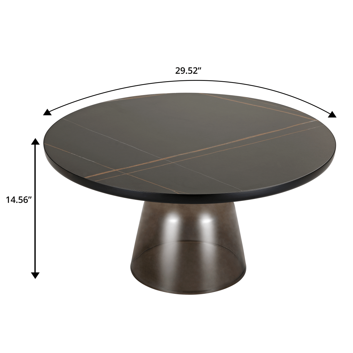 Tully 30 - Inch Round Glass/Stone Coffee Table with Iron Rim Frame and Glass Base