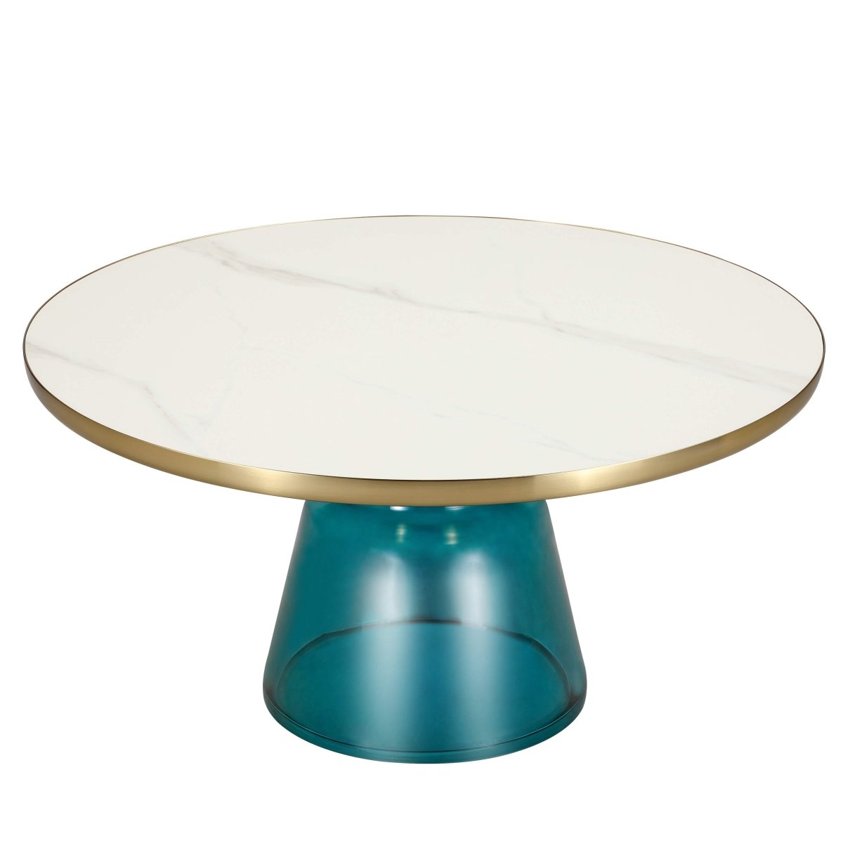 Tully 30 - Inch Round Glass/Stone Coffee Table with Iron Rim Frame and Glass Base