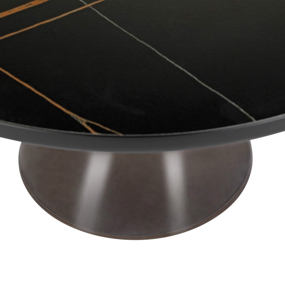 Tully 30 - Inch Round Glass/Stone Coffee Table with Iron Rim Frame and Glass Base