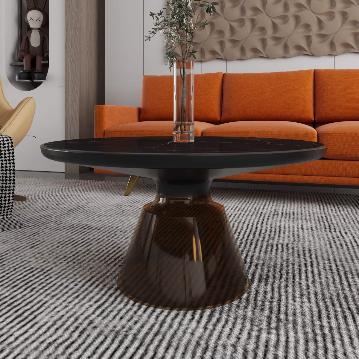 Tully 30 - Inch Round Glass/Stone Coffee Table with Iron Rim Frame and Glass Base