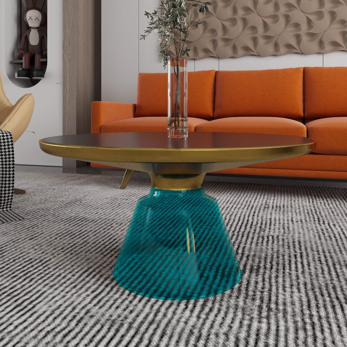 Tully 30 - Inch Round Glass/Stone Coffee Table with Iron Rim Frame and Glass Base