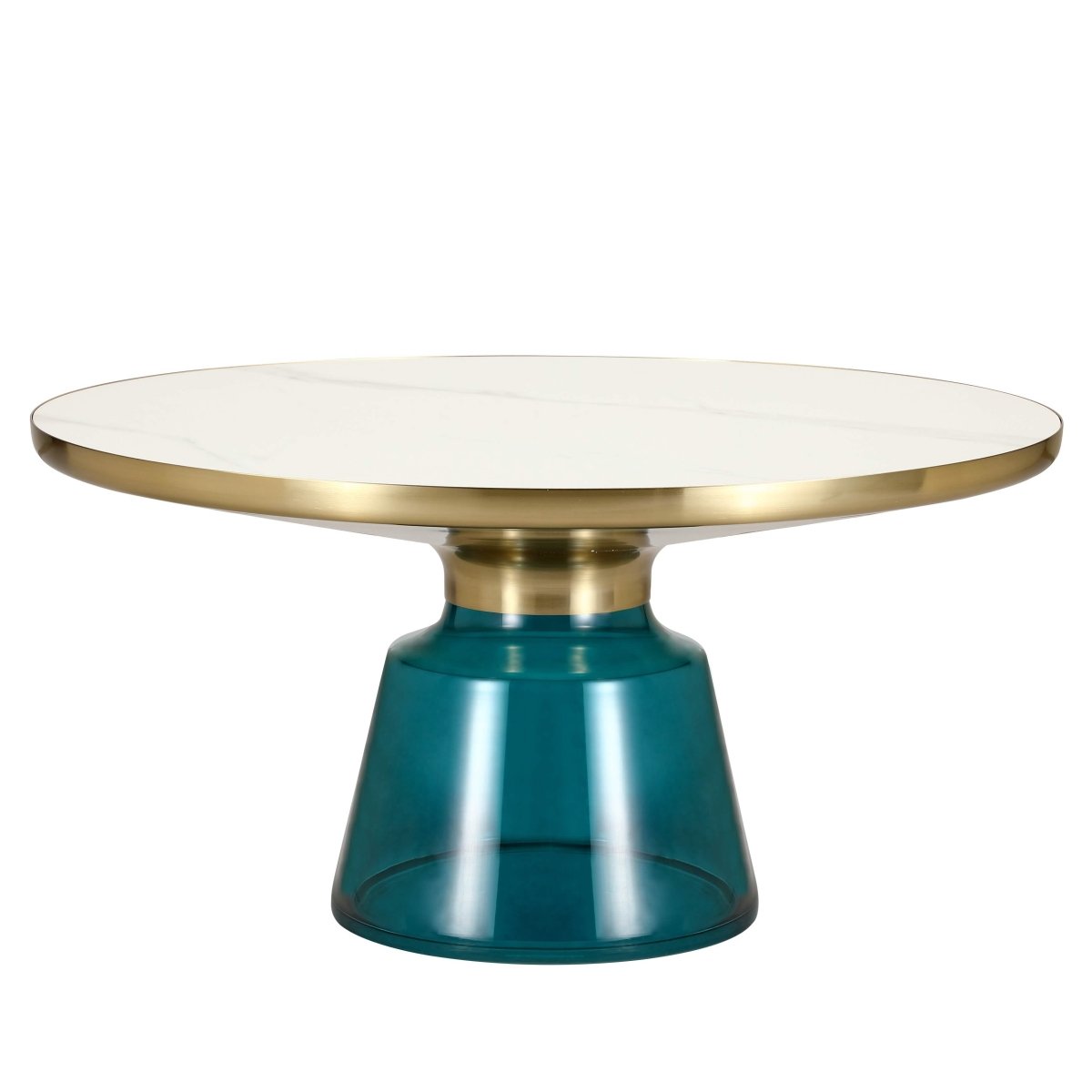 Tully 30 - Inch Round Glass/Stone Coffee Table with Iron Rim Frame and Glass Base
