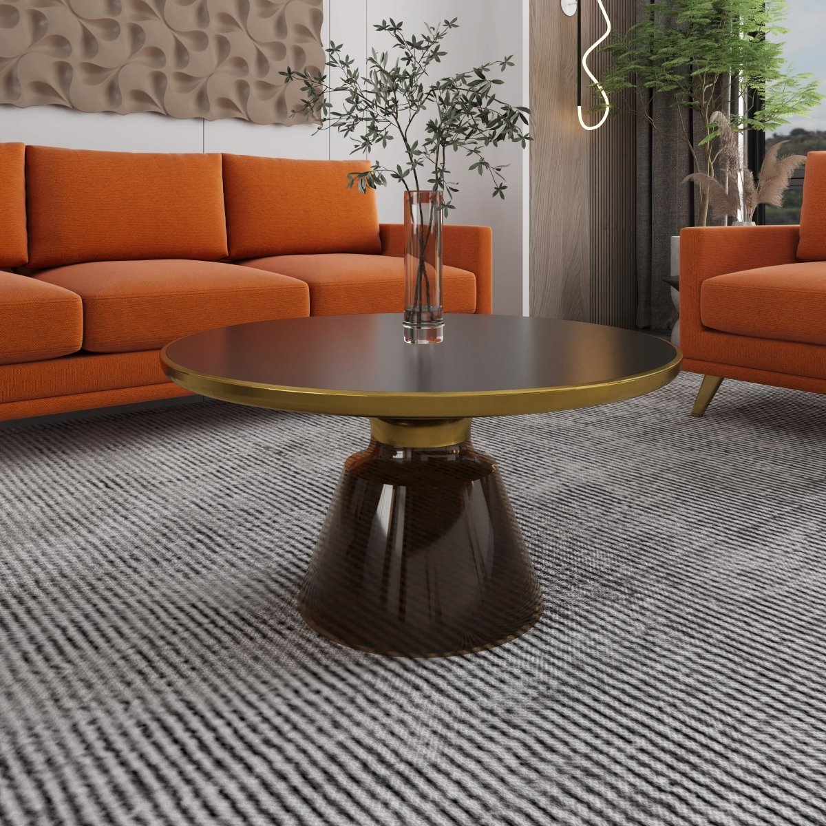 Tully 30 - Inch Round Glass/Stone Coffee Table with Iron Rim Frame and Glass Base
