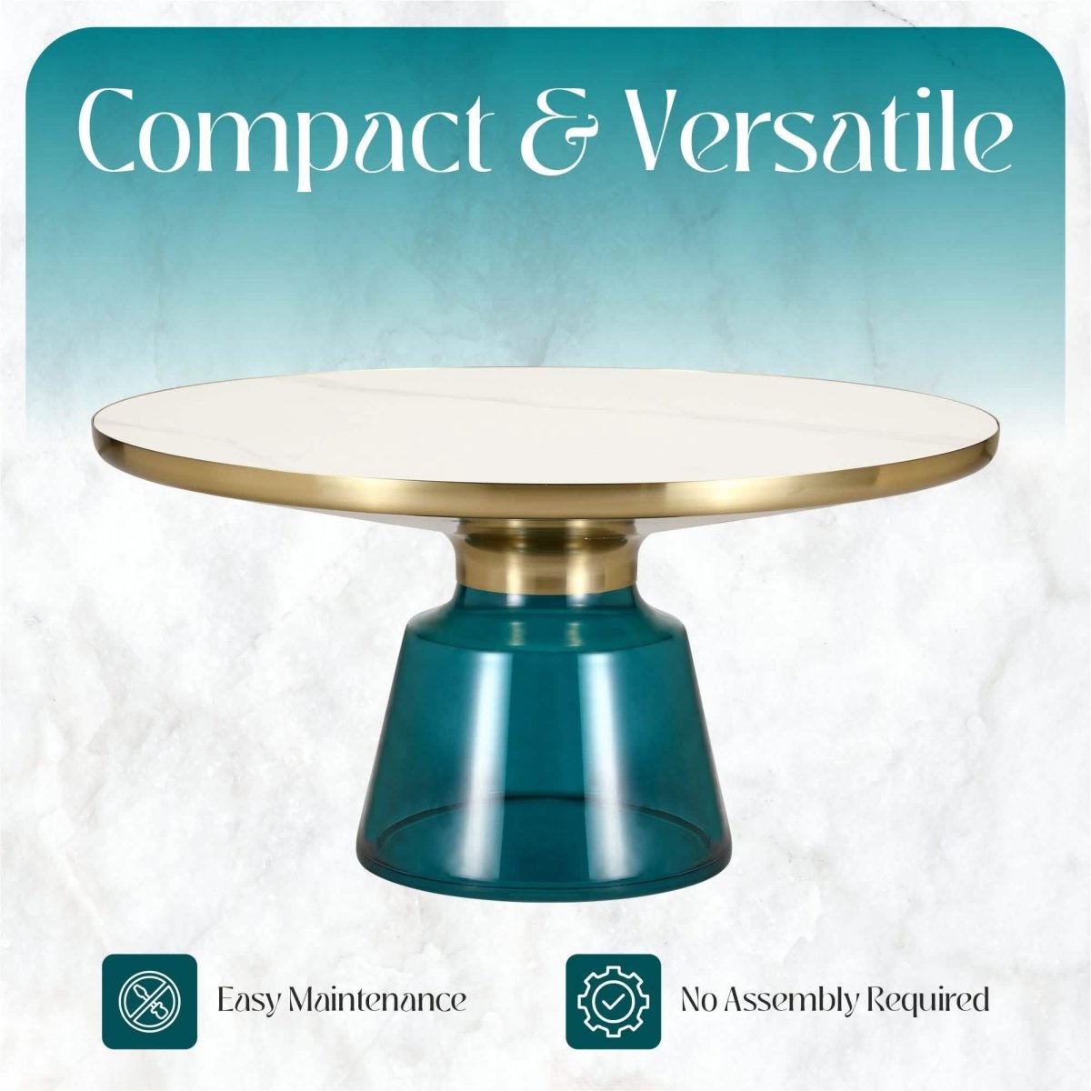 Tully 30 - Inch Round Glass/Stone Coffee Table with Iron Rim Frame and Glass Base