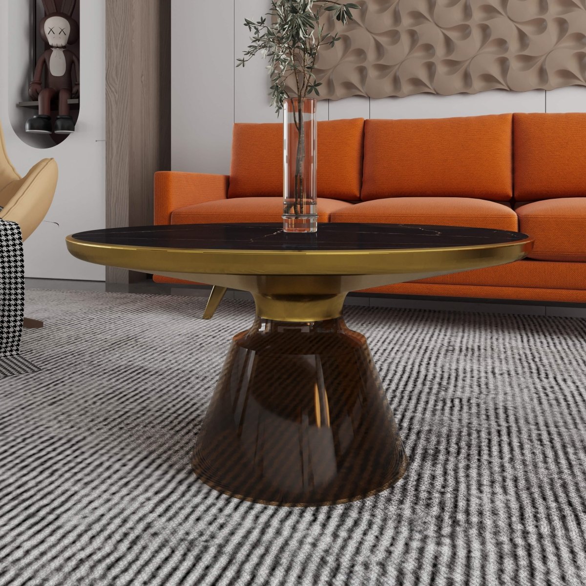 Tully 30 - Inch Round Glass/Stone Coffee Table with Iron Rim Frame and Glass Base