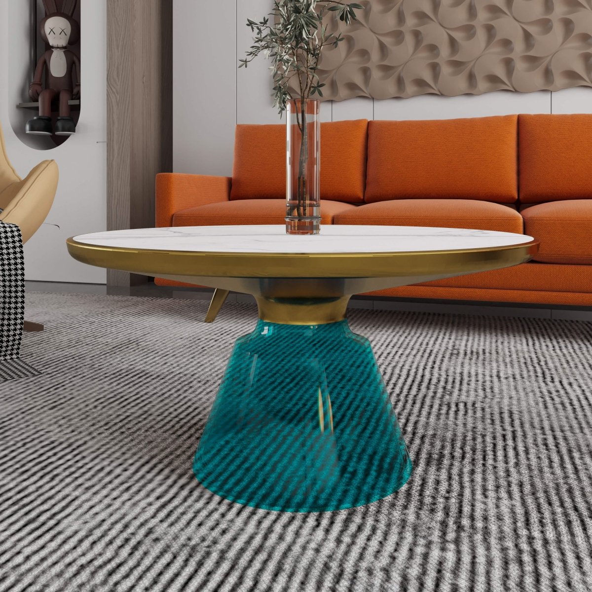 Tully 30 - Inch Round Glass/Stone Coffee Table with Iron Rim Frame and Glass Base