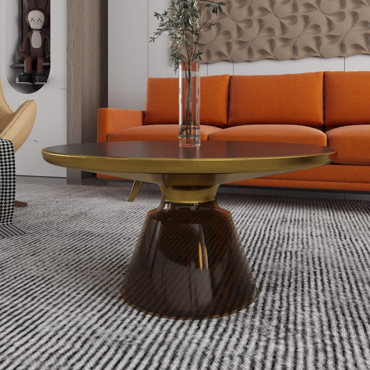 Tully 30 - Inch Round Glass/Stone Coffee Table with Iron Rim Frame and Glass Base